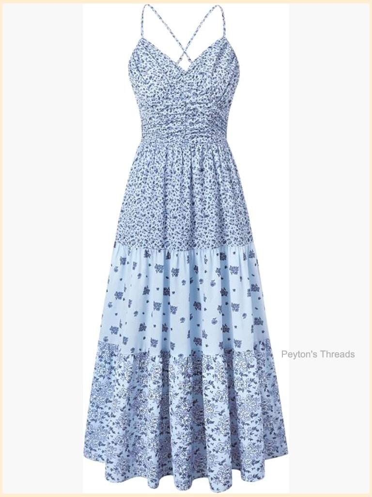 Floral Patchwork Maxi Dress Boho Spaghetti Strap V-Neck Tiered Sundress